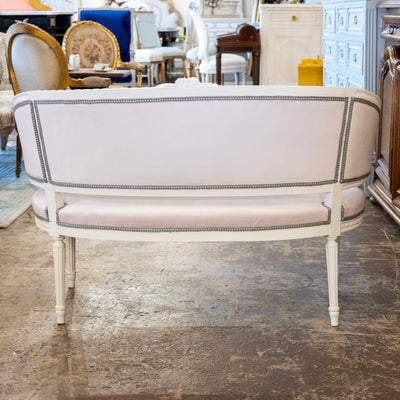 Louis XVI Petite Settee – White Frame & Baby Pink Velvet Upholstery