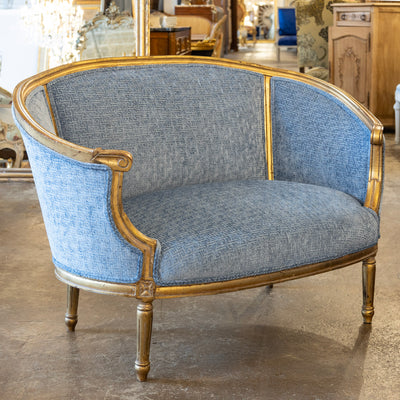 Louis XVI Round Settee – Gilded Frame & Greek Key Blue Velvet