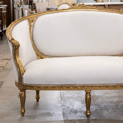 Louis XVI Gilded Settee – White Velvet Upholstery