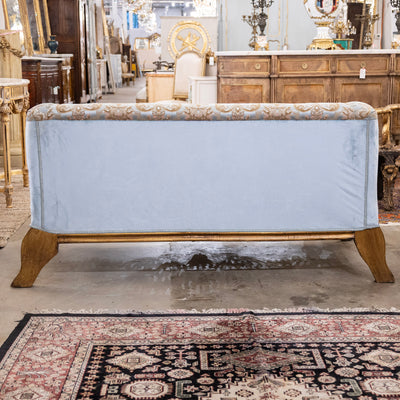 Italian Gilded Sofa – Carved Base & Blue Damask Upholstery