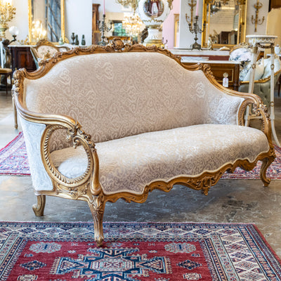 Louis XV Gilded Sofa – Carved Frame & Cream Damask Upholstery
