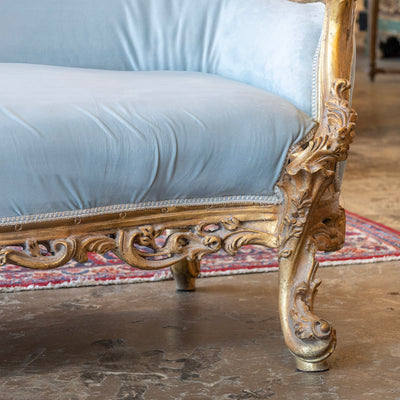 Louis Gilded XV Sofa – Baby Blue Velvet Upholstery