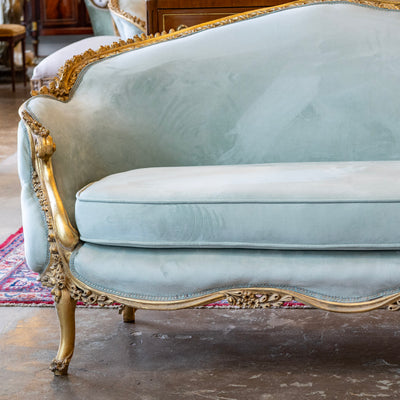 Louis XV Gilded Sofa – Carved with Tufted Pale Aqua Velvet Upholstery