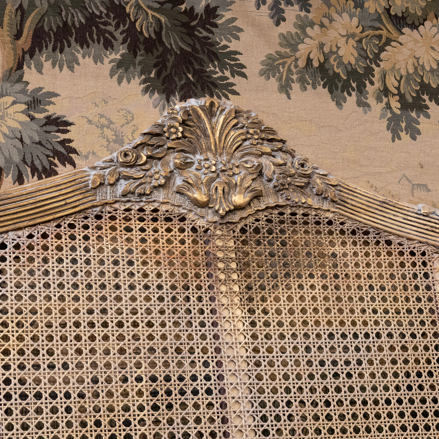 Louis XVI Gold Cane King Size Bed Set – Carved Crest & Fluted Posts