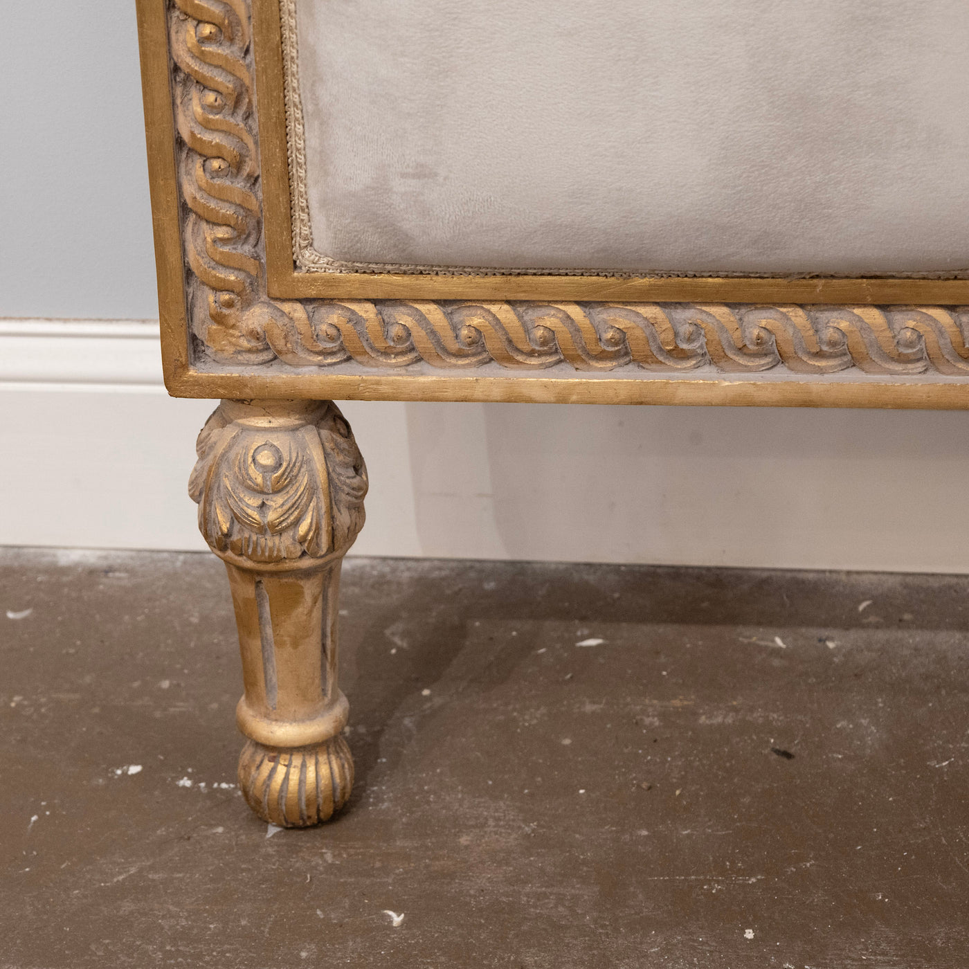 Louis XVI Gilded King Size Headboard – Rope Trim with Light Grey Velvet & Embroidered Back