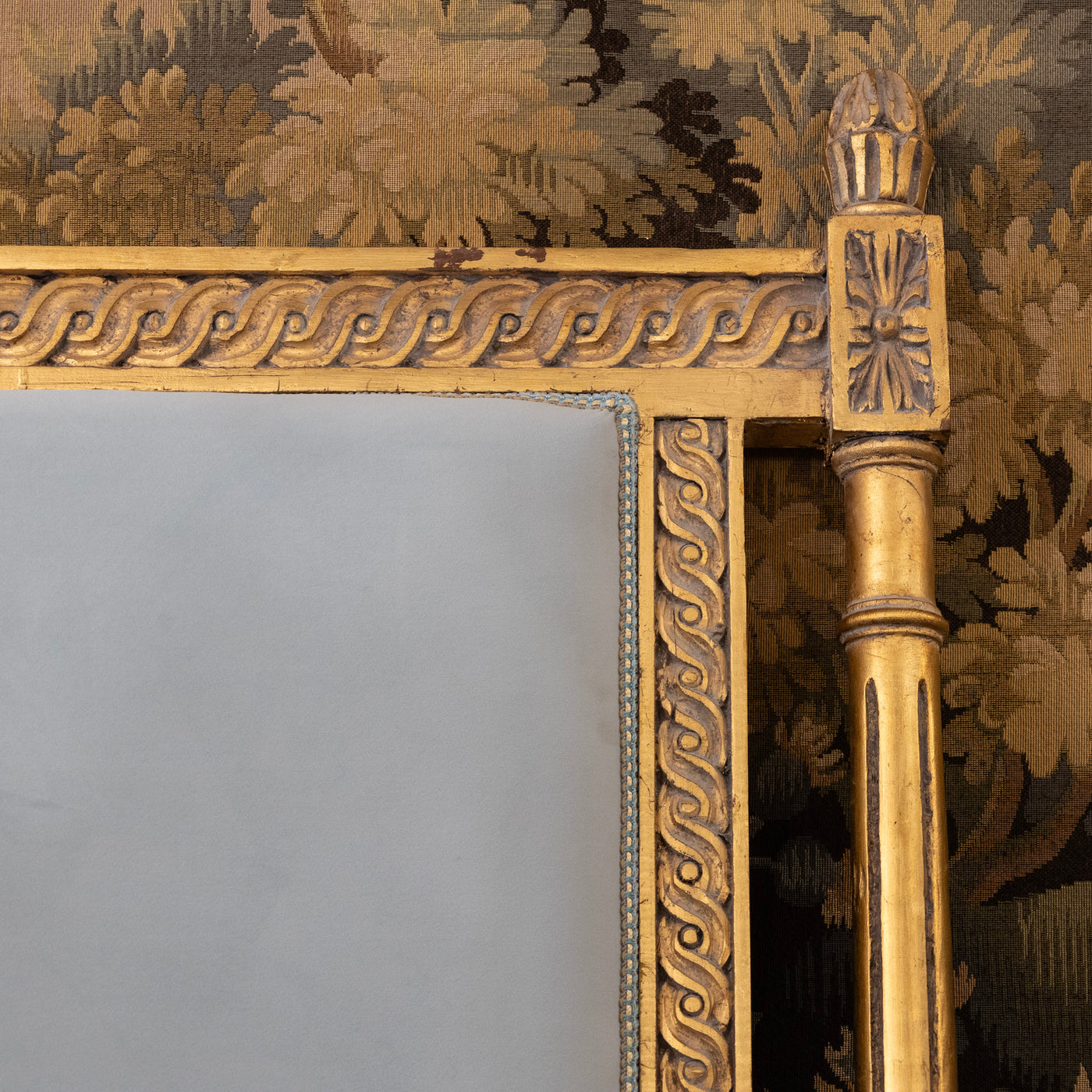 Louis XVI Gilded King Size Bed Set – Carved Frame & Posts with Powder Blue Velvet
