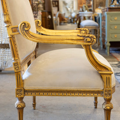 Louis XVI Gilded Loveseat Sofa – Two-Tone Carved Frame & Soft Grey Velvet Upholstery