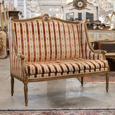Louis XVI Carved Gilded Settee – Striped Damask Upholstery