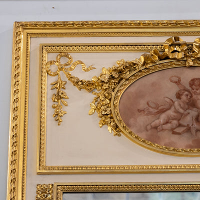 Louis XVI Gilded Trumeau Mirror – Cherub Painting & Bow Carvings
