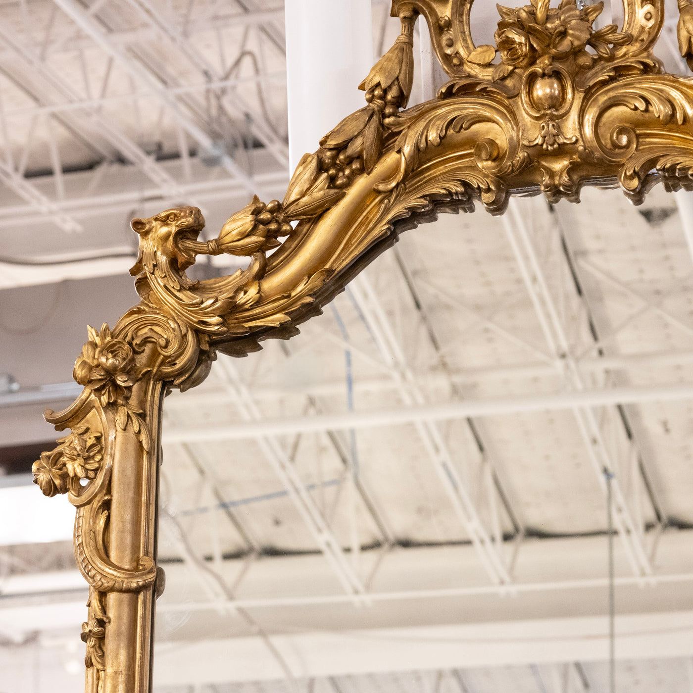 Grand 17th Century French Gilded Mirror – Ornate Rococo Crest & Floral Carvings