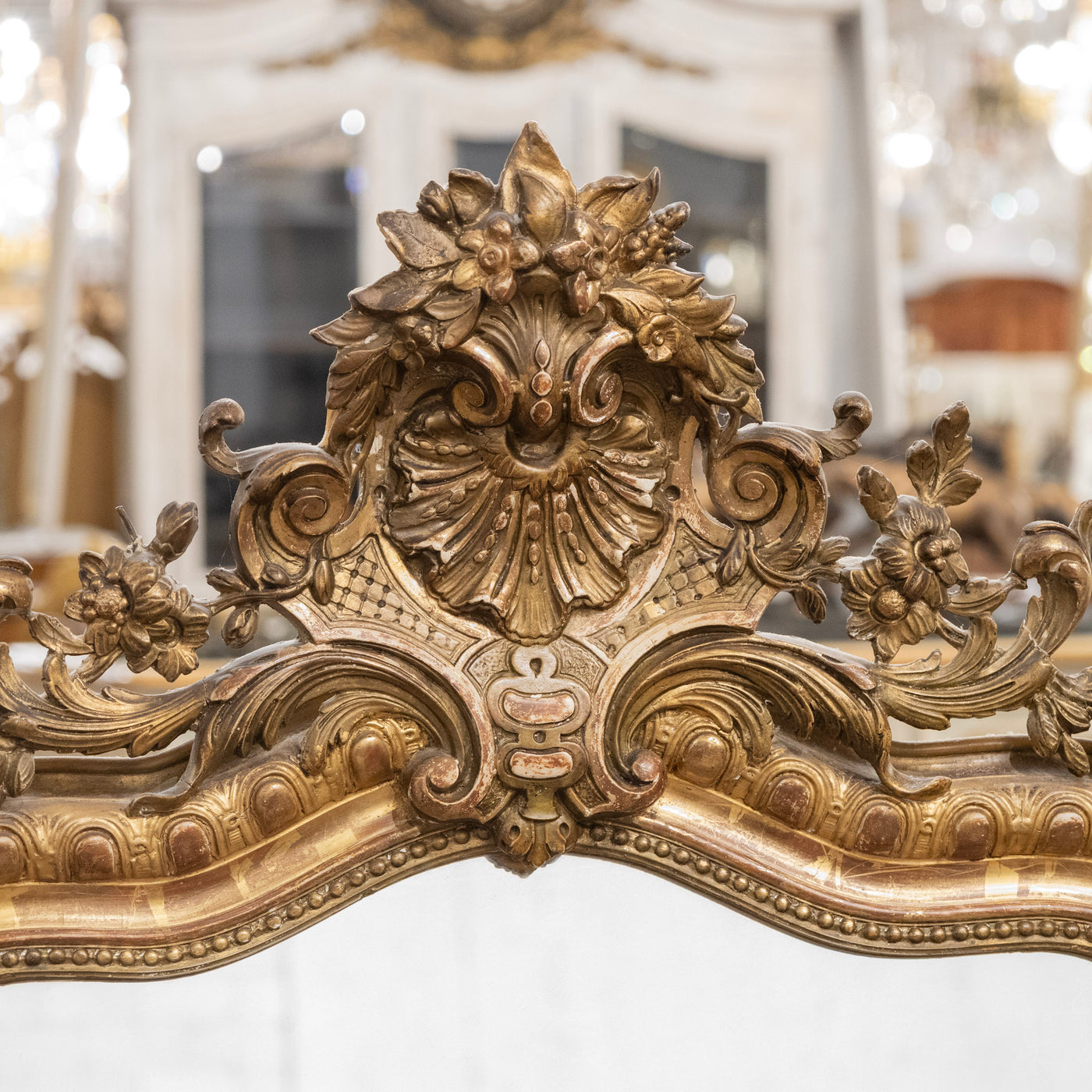 18th-Century Ornate French Gilded Mirror – Shell Crest & Carved Trim