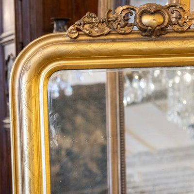 Louis Philippe Gilded Mirror with Floral Trim & Carved Crest