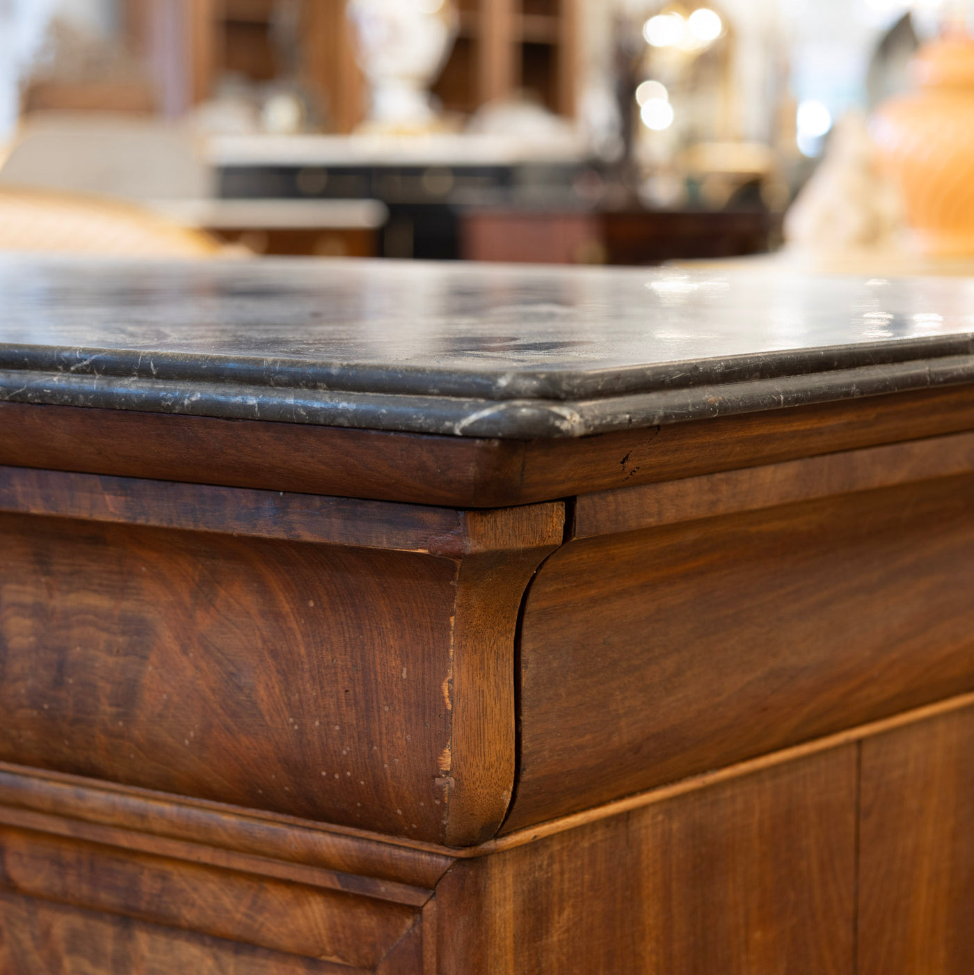 Louis Philippe Burl Wood Chest – Black Marble Top & Brass Hardware