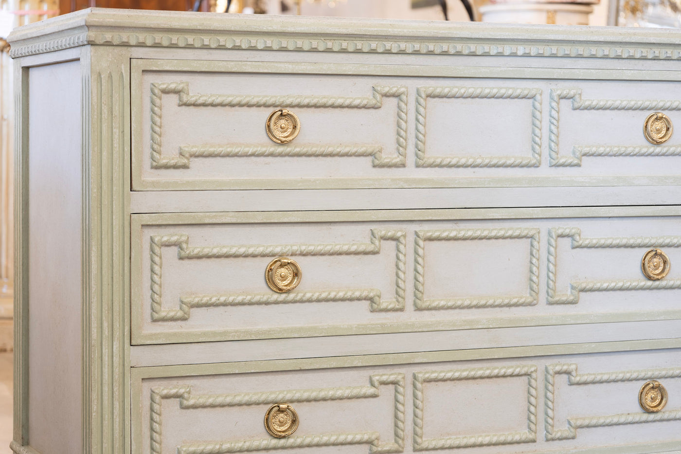 Swedish 3-Drawer Chest – Carved Open Rope Trim & Green-Blue Finish
