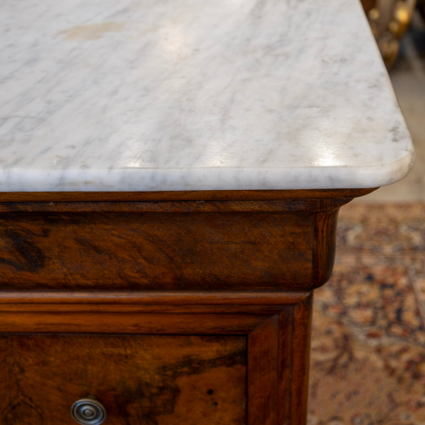 Louis Philippe Burl Wood Chest – White Marble Top & Brass Pulls