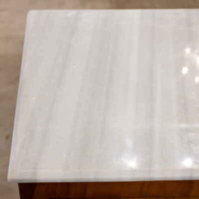 Art Deco 3-Drawer Nightstand – Burl Wood & White Marble Top
