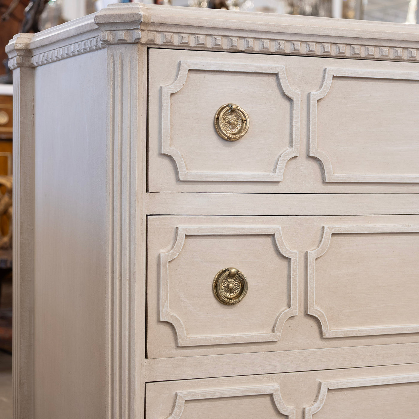 Swedish 3-Drawer Chest – Canted Corners & Open Geometric Trim in Antique White