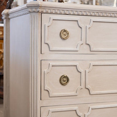 Swedish 3-Drawer Chest – Canted Corners & Open Geometric Trim in Antique White