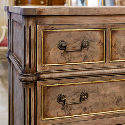 Louis XVI 3-Drawer Chest – Stripped Burl Wood with Gold Trim