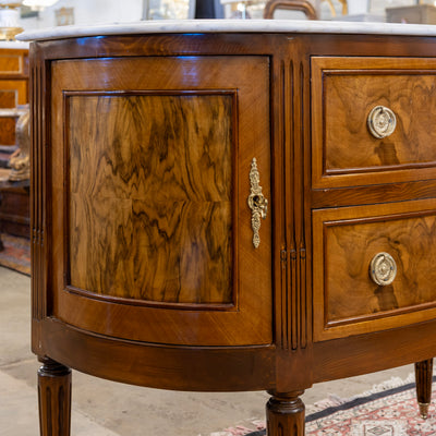Louis XVI Demilune Chest – Burl Wood with White Marble Top