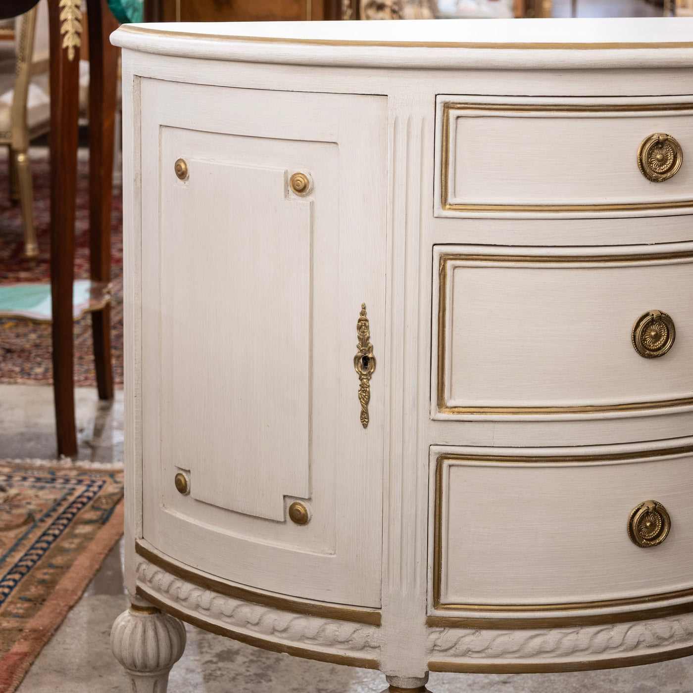 Swedish Demilune Chest – White with Gold Trim