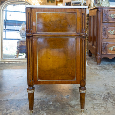 Louis XVI Burl Wood Nightstand – Gold Inlay & White Marble Top