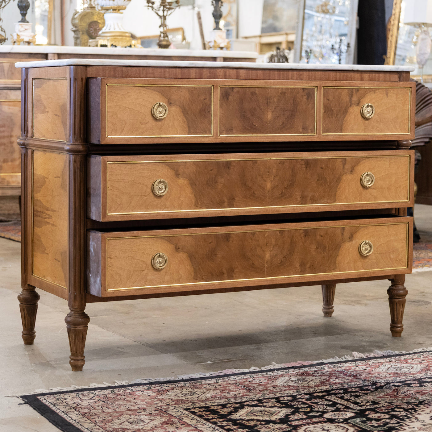 Louis XVI Light Burl Wood 3-Drawer Chest – White Marble Top