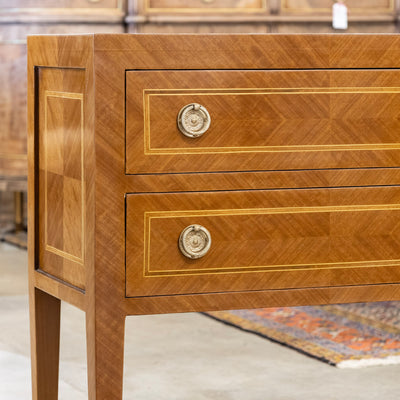 Art Deco Burl Wood 2-Drawer Chest – Inlaid Panels & Brass Pulls