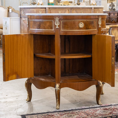 Louis XV Demilune Burl Wood Nightstand – White Marble Top & Ormolu Mounts