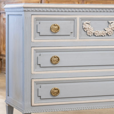 Swedish 3-Drawer Chest in French Blue – Carved Floral Detailing & White Trim
