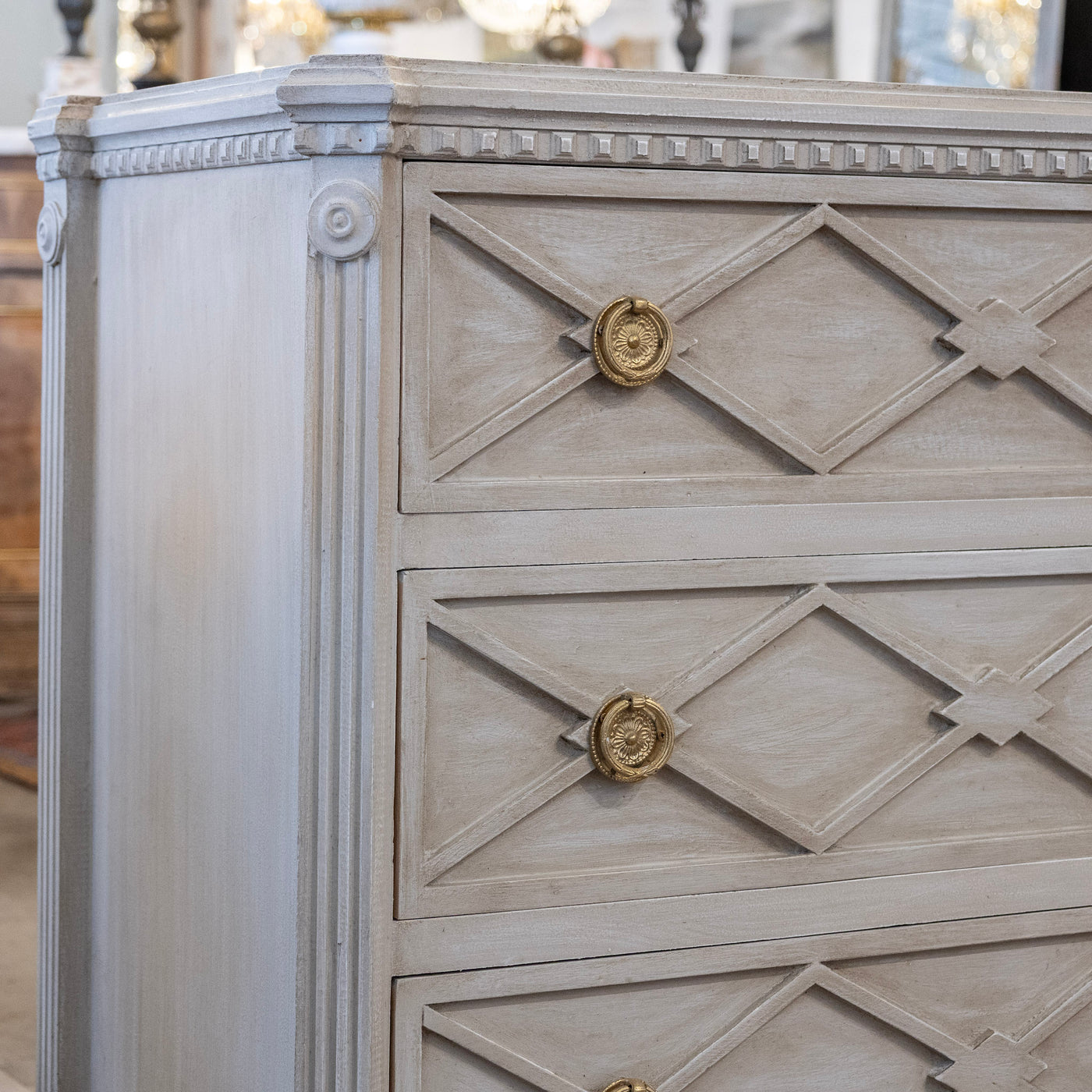Swedish 3-Drawer Nightstand – Open Diamond Trim in Distressed Grey