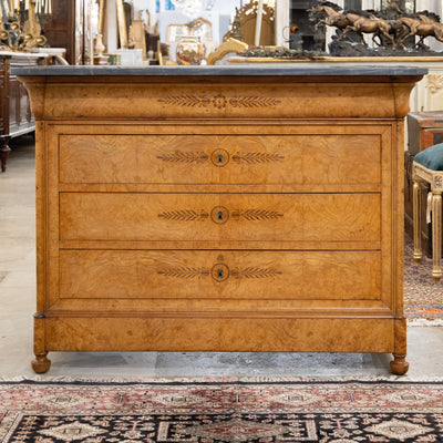 Louis Philippe Burl Wood Chest – Floral Drawer Detail & Black-Grey Marble Top