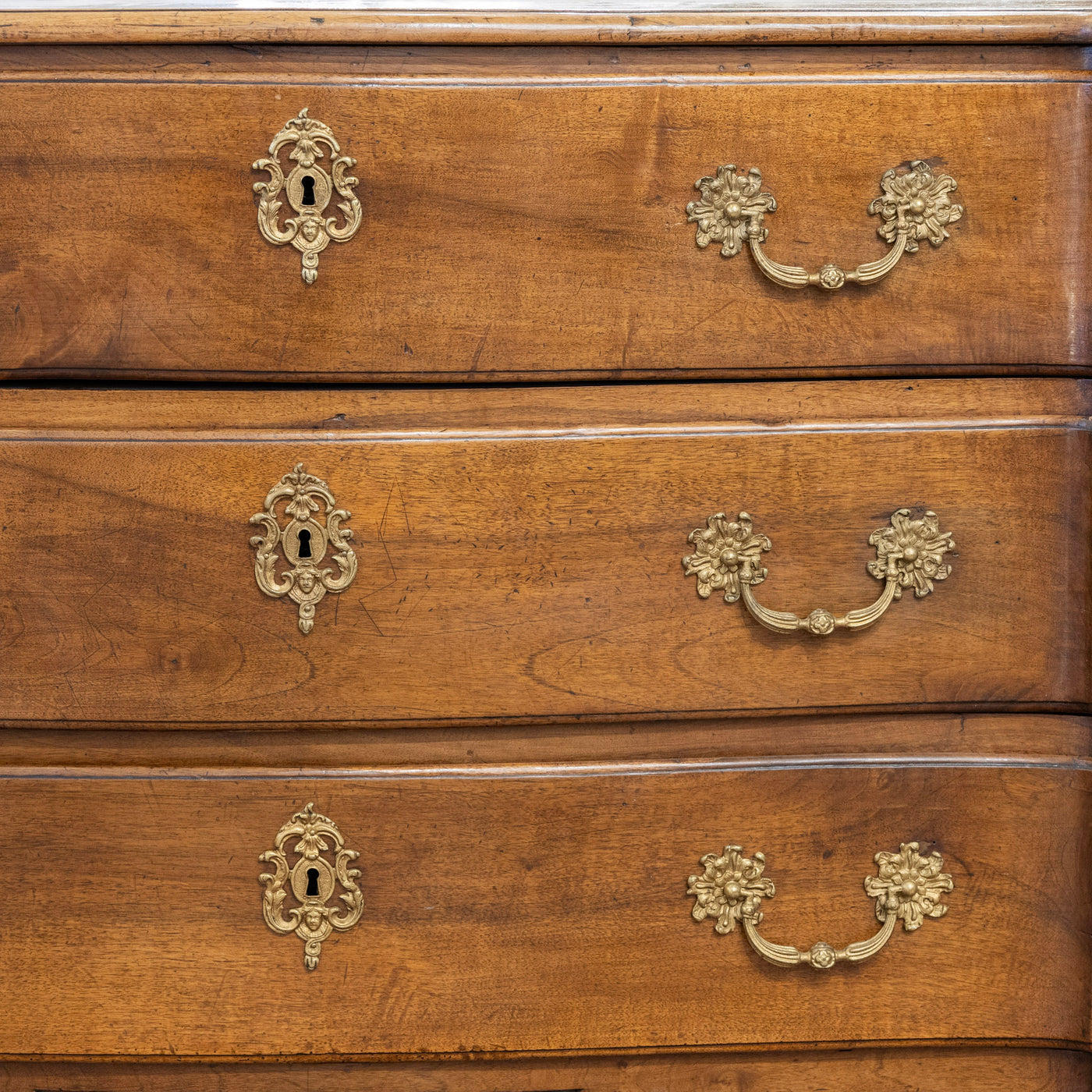 Louis XV 18th Century Walnut Chest – Bronze Hardware & Carved Florals