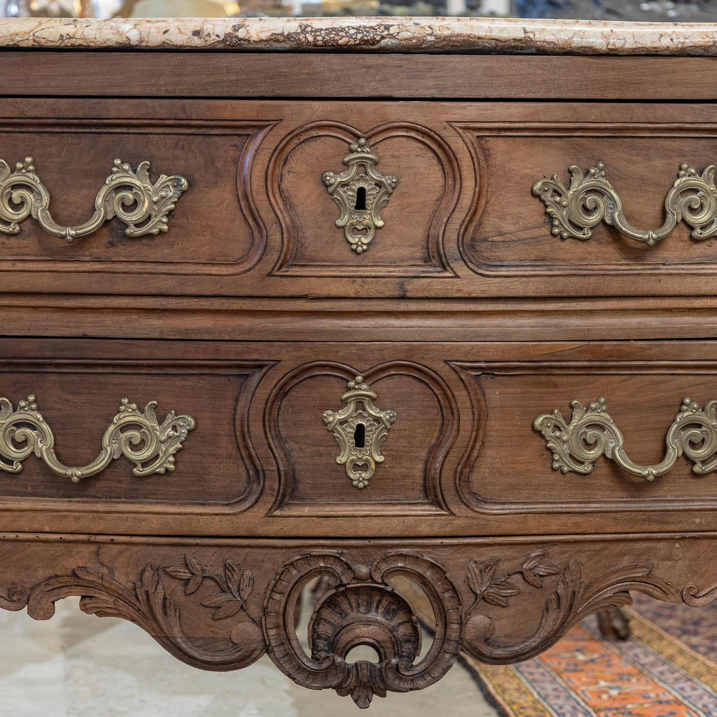 Louis XV 18th Century Walnut Chest – Carved Apron & Breccia Pernice Marble Top