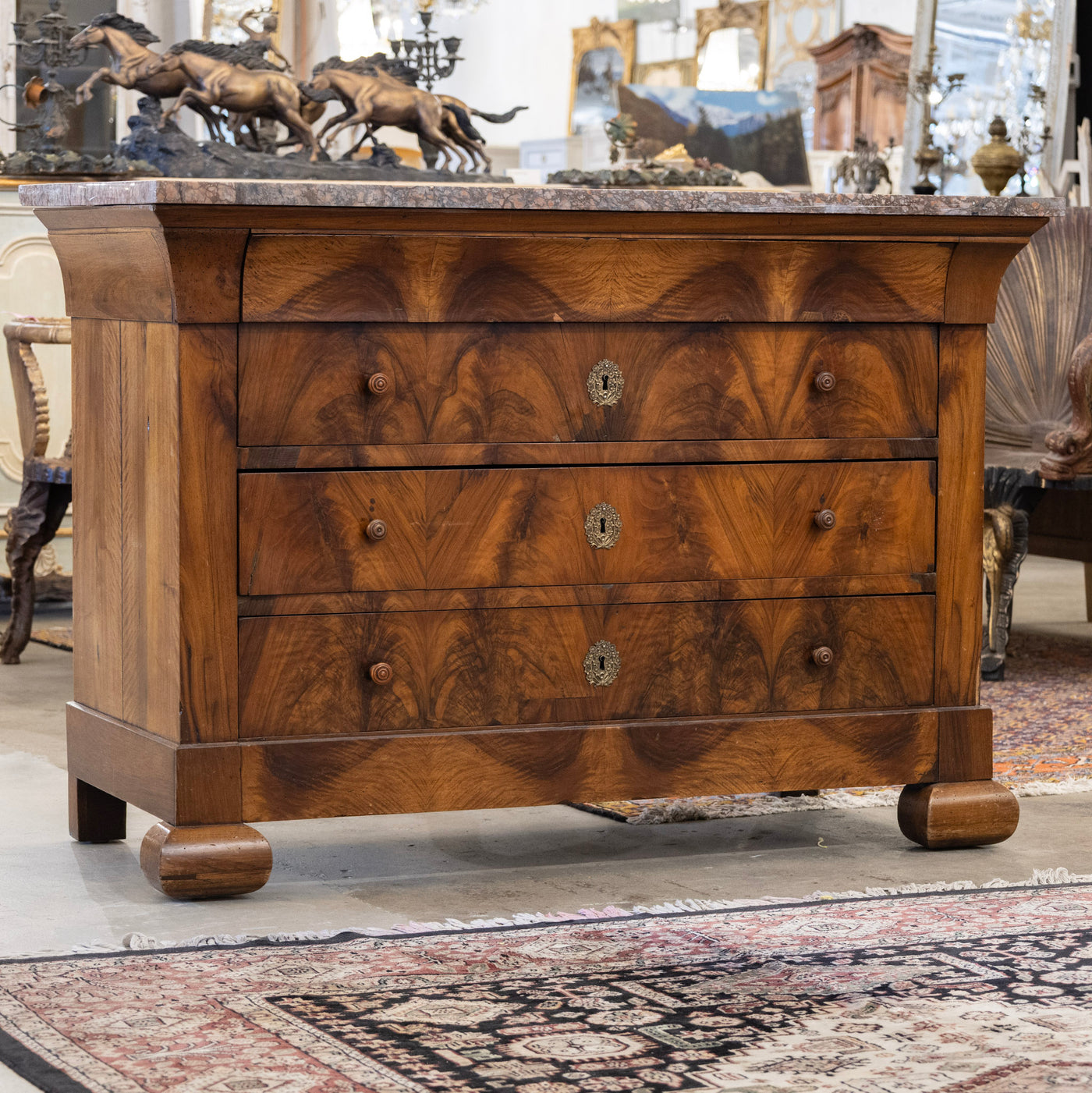 Louis Philippe Burl Wood Chest – Rounded Feet & Breccia Marble Top