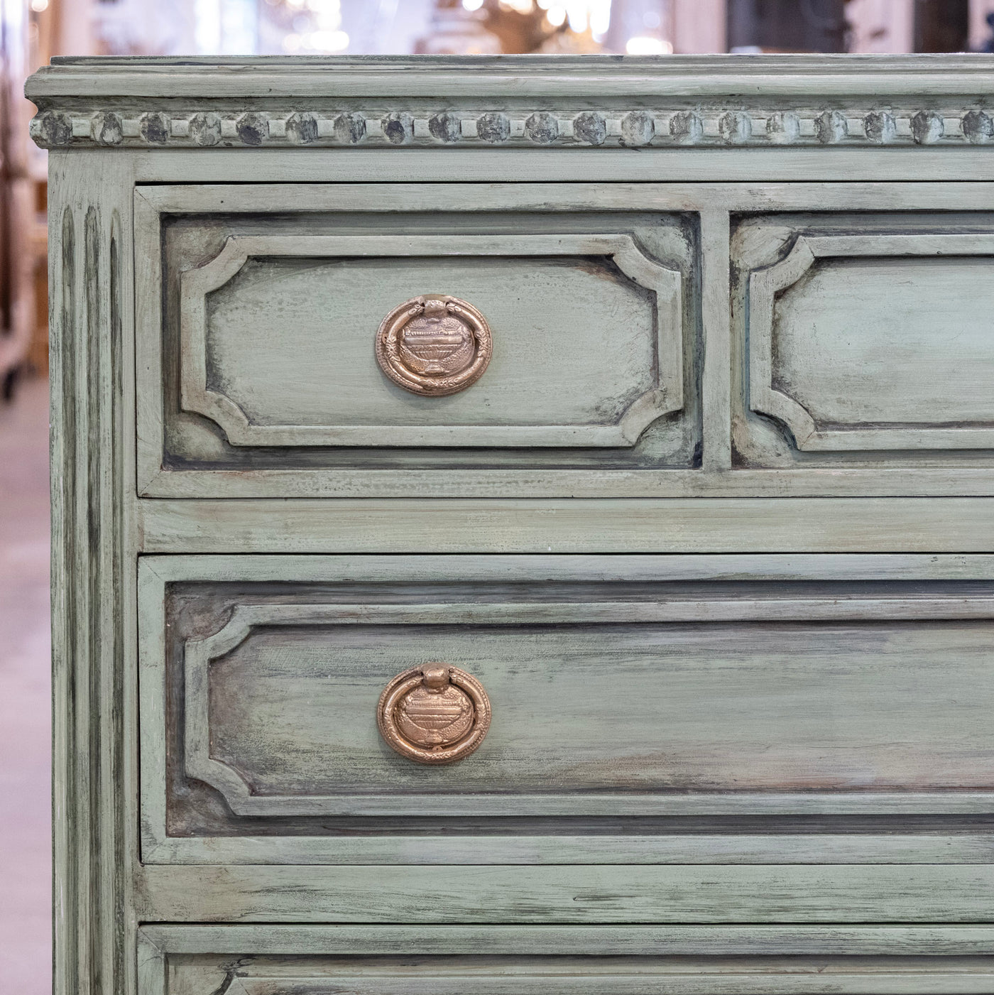 Swedish 3-Drawer Carved Chest – Distressed Green Finish