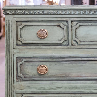 Swedish 3-Drawer Carved Chest – Distressed Green Finish