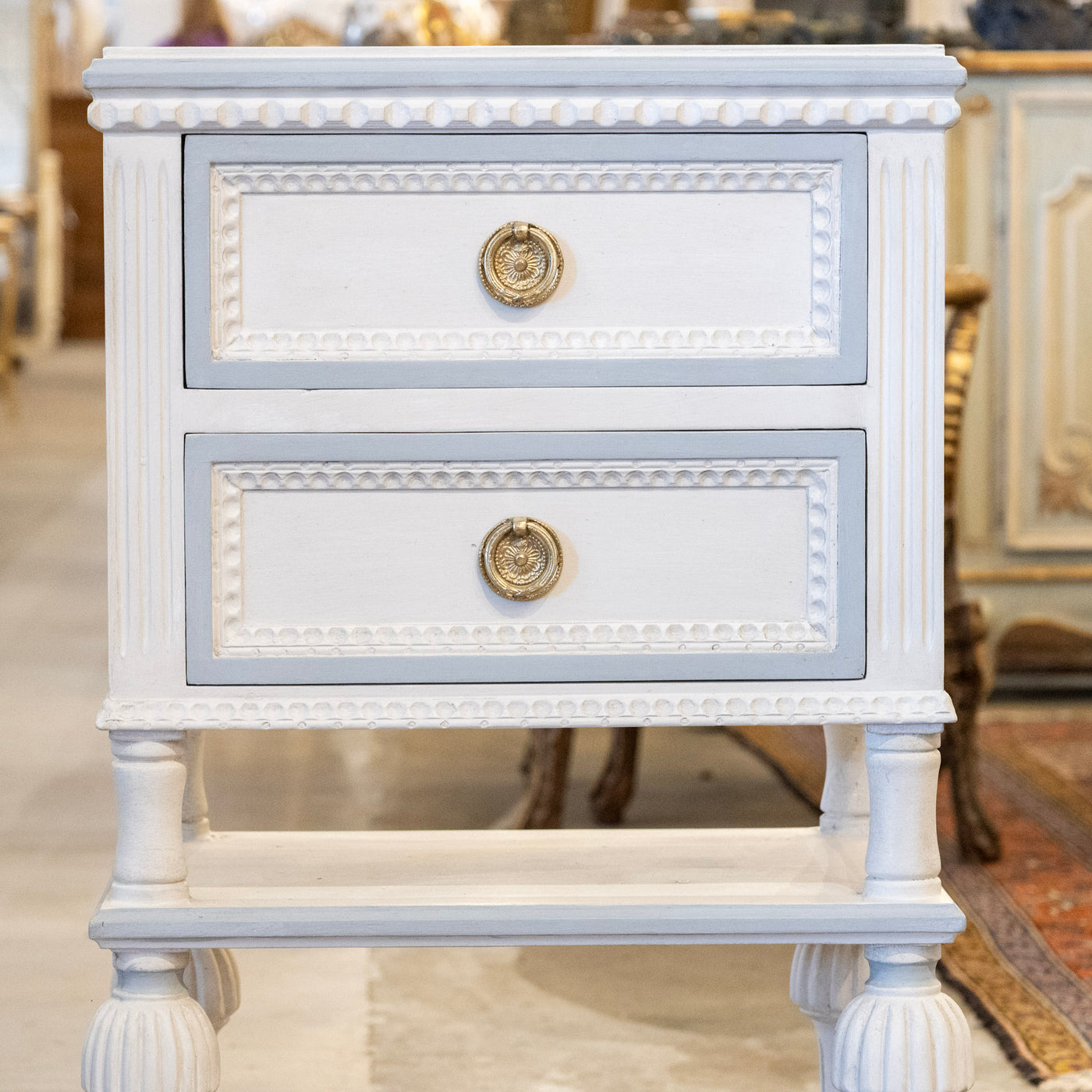 Petite Swedish Nightstand with Shelf – White with Blue Beaded Trim