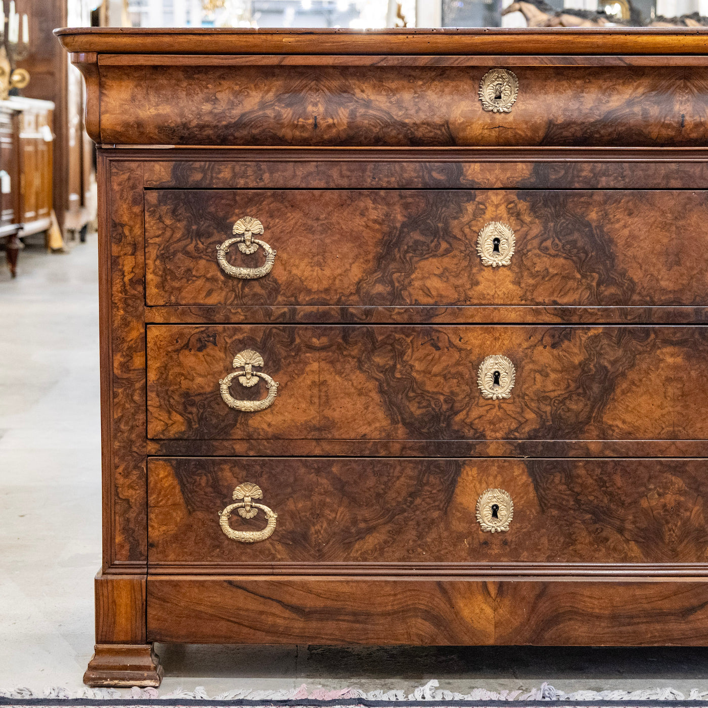Louis Philippe Marbled Burl Wood Chest – Ornate Pulls