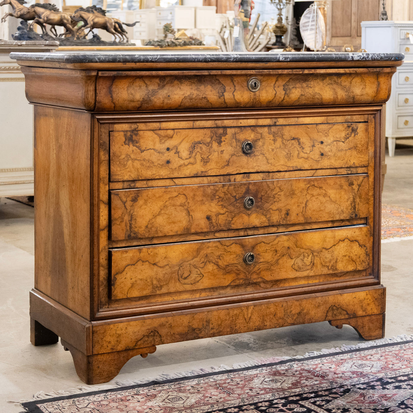 Louis Philippe Marbled Burl Wood Chest – Black Marble Top