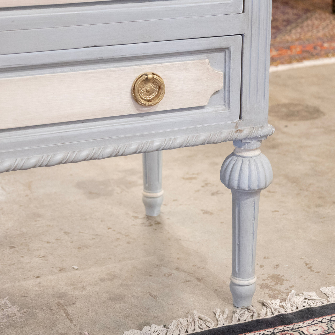 Swedish 3-Drawer Chest – Blue & White Finish with Floral Carving