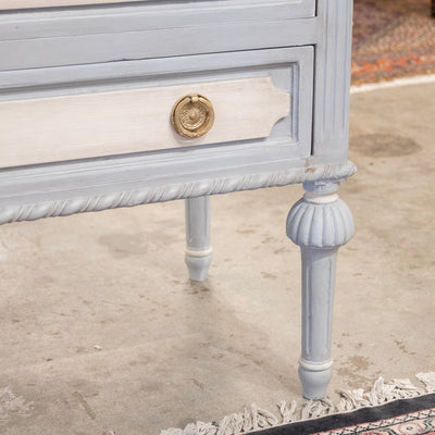 Swedish 3-Drawer Chest – Blue & White Finish with Floral Carving