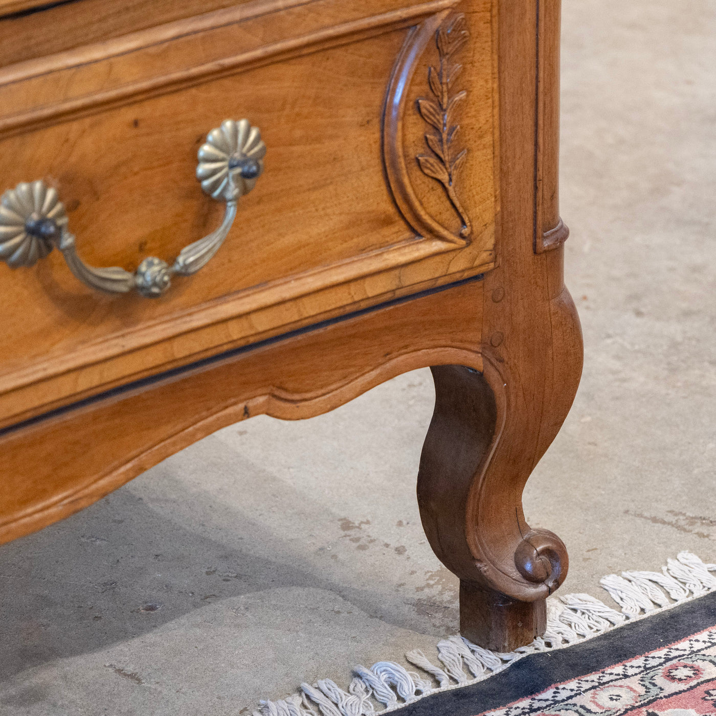 18th Century Wood Chest – Hand-Carved Details & Brass Rosette Pulls