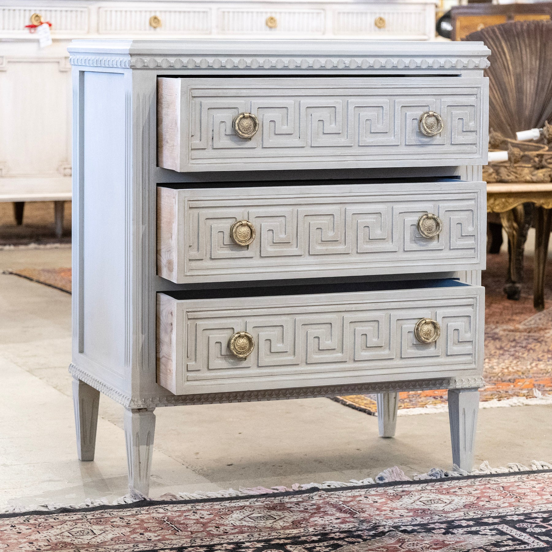 Greek Drawer Swedish 3-Drawer Chest – Greek Key Trim in French Grey – Le Chateau