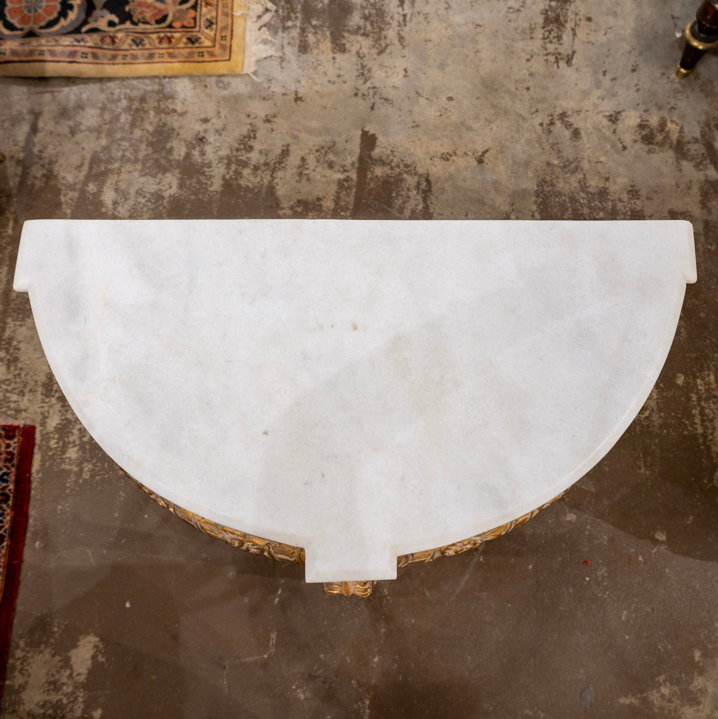 Louis XVI Petite Gilded Demilune Console – Carved Detailing & White Marble Top