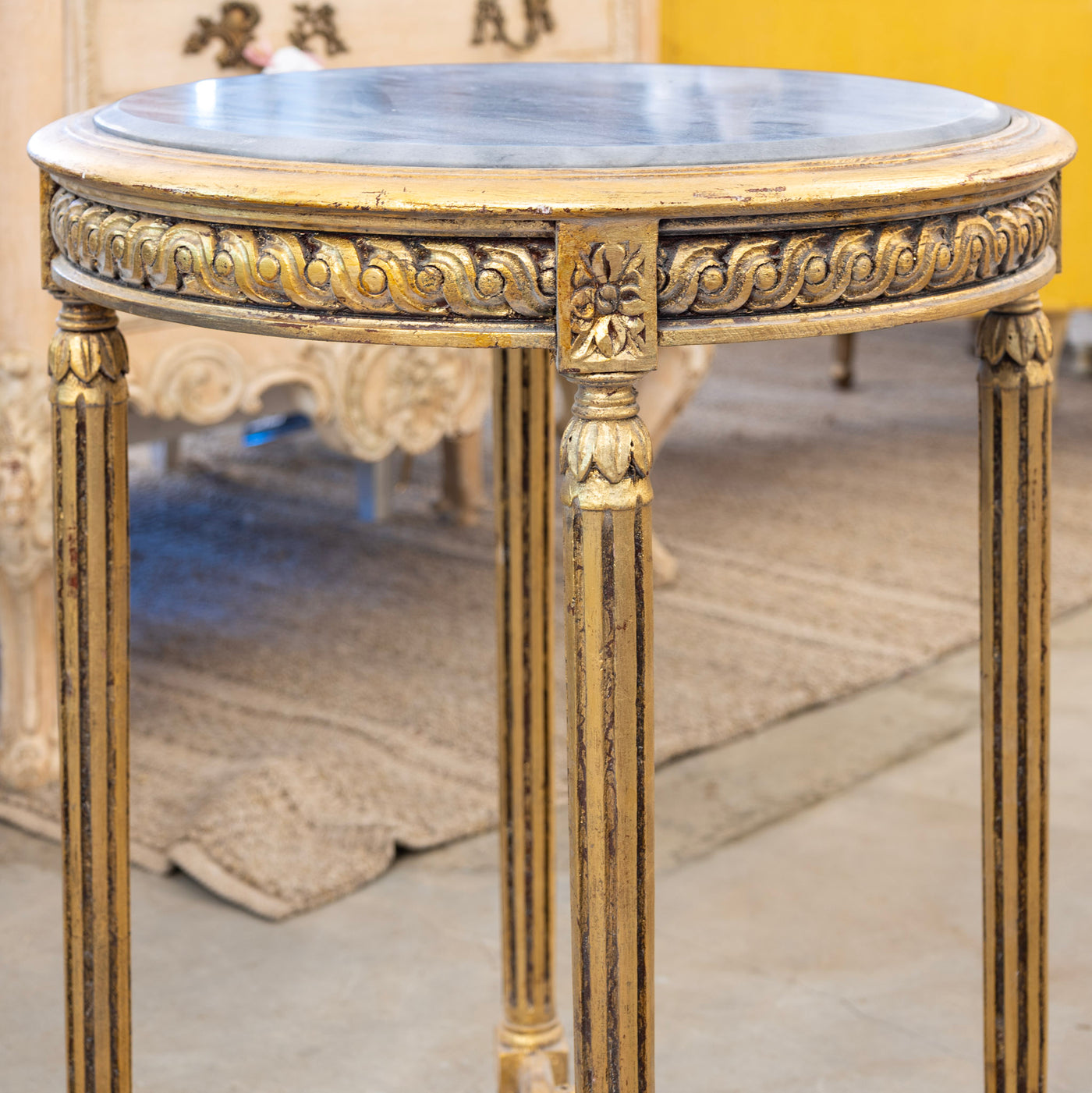 Louis XVI Side Table – Carved Trim & Dark Marble Top