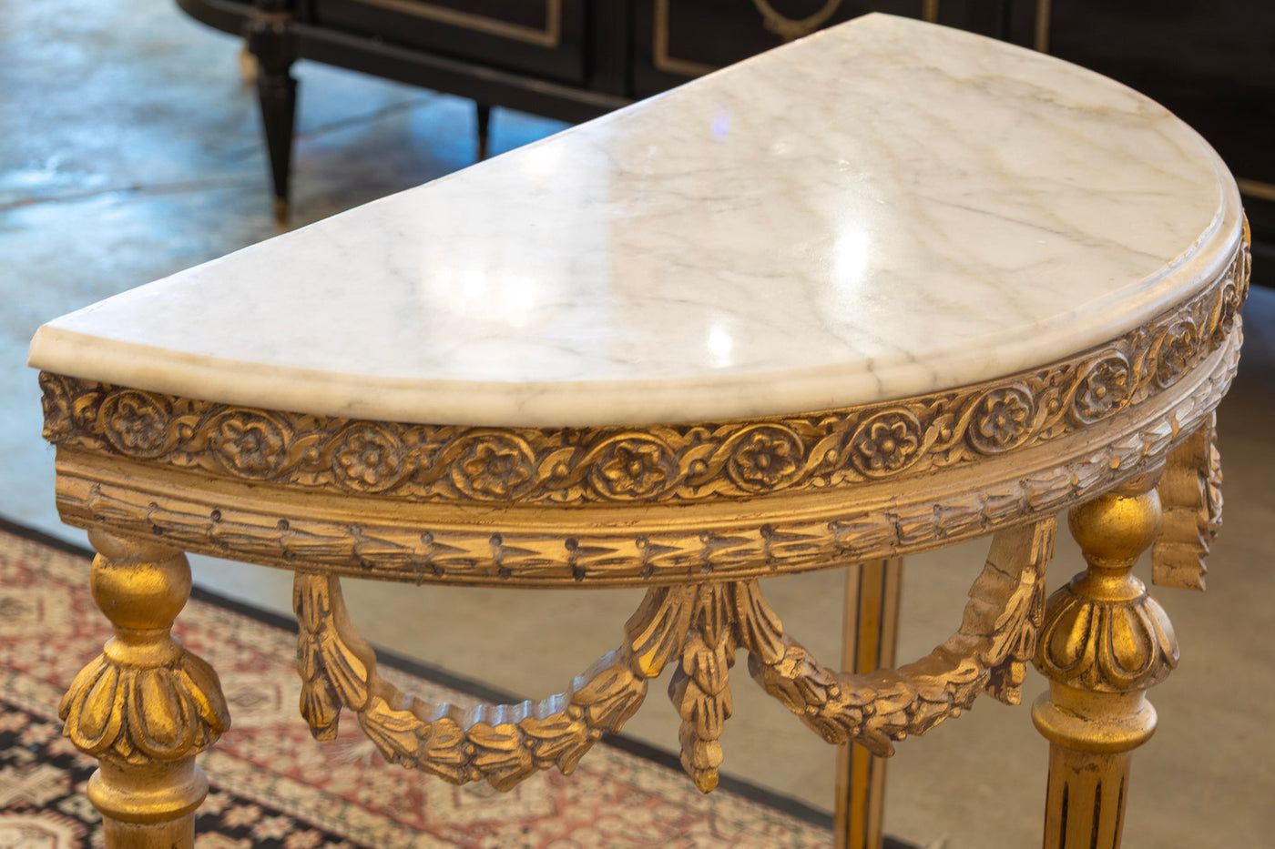 Louis XVI Demilune Console – Carved Detailing & White Marble Top