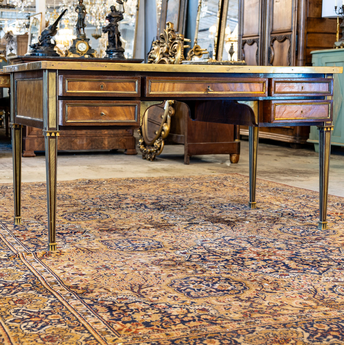 Louis XVI Desk – Burl Wood with Gold Trim