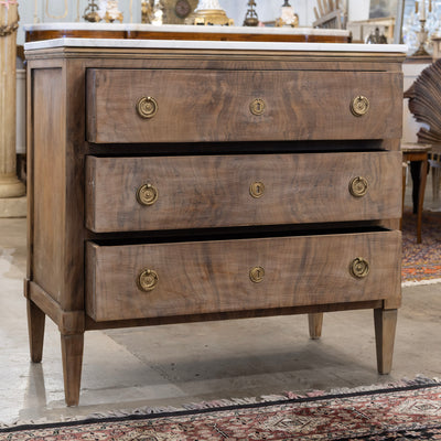 Louis XVI 3-Drawer Nightstand – Burl Wood with White Marble Top