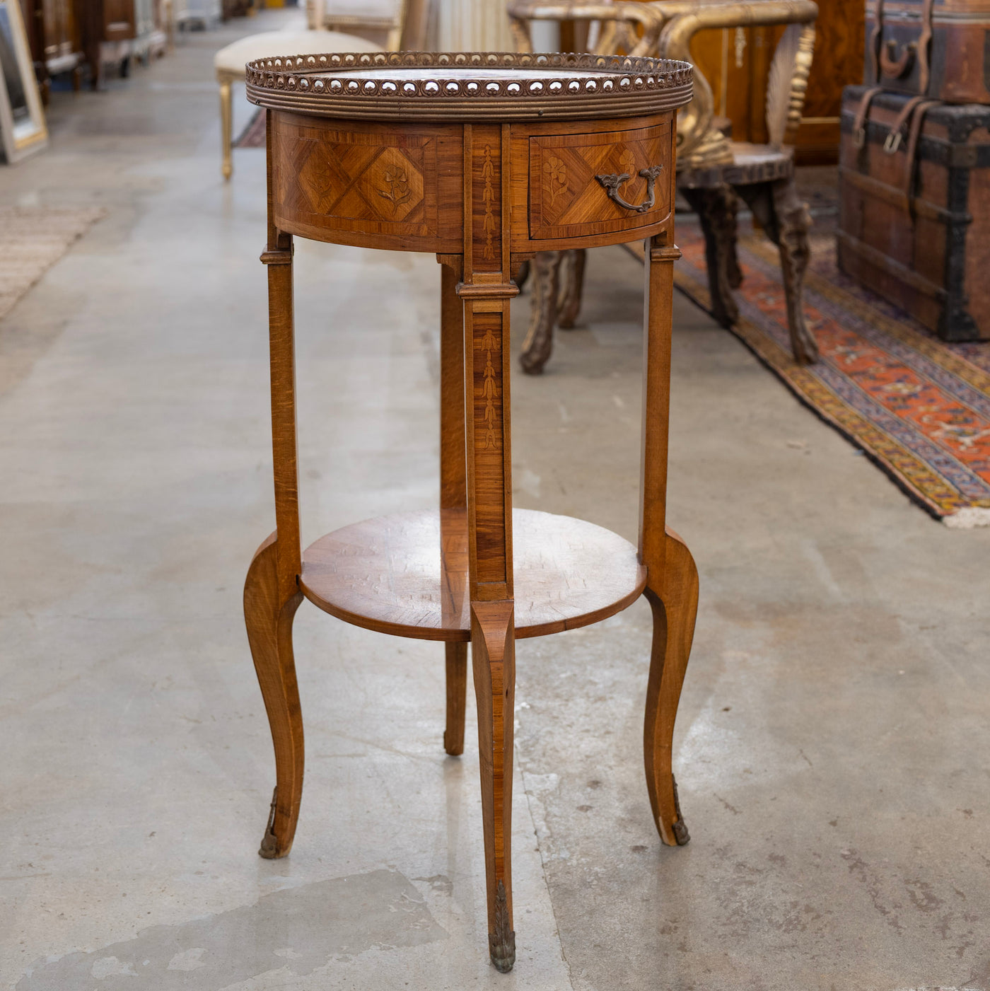 Louis XVI Brown Marquetry Side Table – Floral Porcelain Top